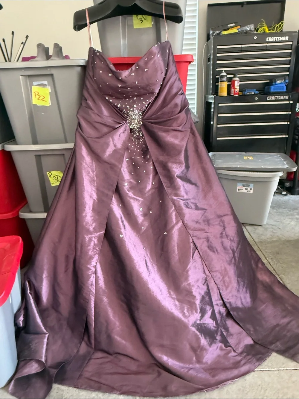 Strapless Formal Dress in Plum with Crystal Detail